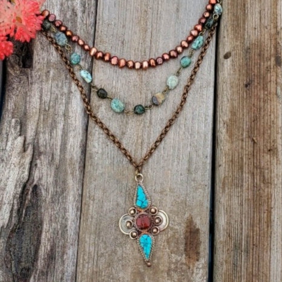 GENUINE TURQOISE AND PEARL Tibetian Pendant 20" on Leather Necklace HANDMADE - Picture 1 of 5